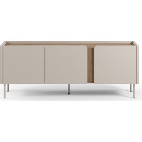 Meuble TV, Meuble de salon avec 3 portes aspect bois coloris crème, chêne et pieds en métal - Longueur 140 x Profondeur 35 x Hauteur 53 cm (1/5)