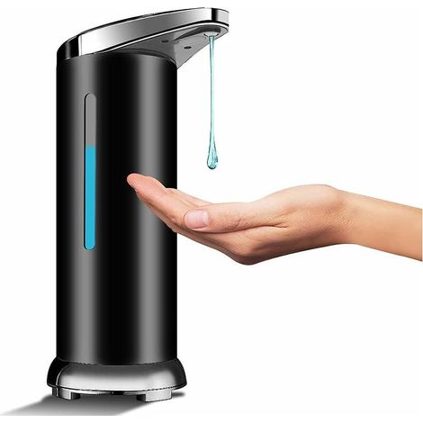 Distributeur de savon automatique en acier inoxydable, distributeur desans contact avec capteur infrarouge, interrupteur réglable et base étanche (pile noire) (1/3)