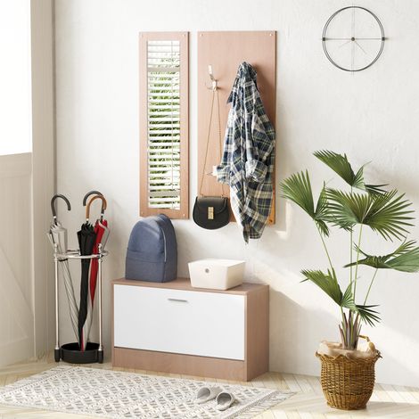 Ensemble 3 meubles d’entrée avec banc - 80x27x46,5 cm - porte-manteau et miroir - bois pour chambre - rangement chaussures - bois et blanc