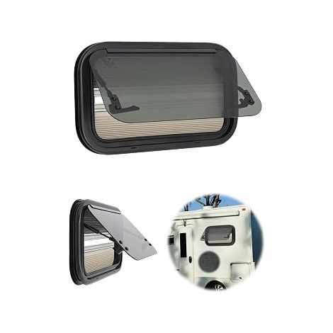 Fenêtre de caravane, 500 x 300 mm, fenêtre d'exposition à 85°, camping-car E4, avec moustiquaire et rideau intégré, fenêtre latérale pour camping-car avec fermeture à poussée extérieure