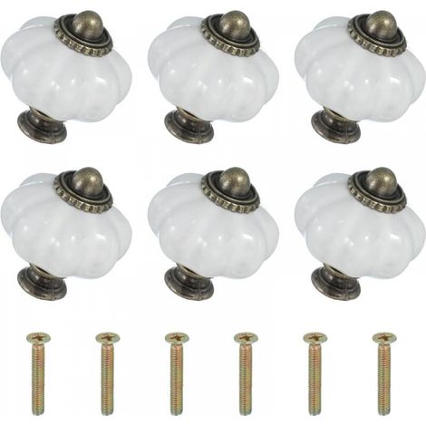 Six boutons en céramique blanche, de 3,3 x 3,3 x 3,8 cm chacun, avec vis. Boutons et poignées de tiroir en céramique en forme de citrouille. (1/5)