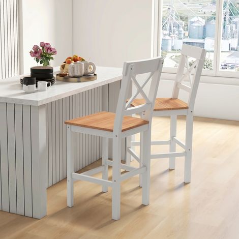 Ensemble de 2 tabourets de bar en pin avec repose-pieds et dossier, style champêtre, pour la cuisine ou le salon, aspect naturel. (1/5)