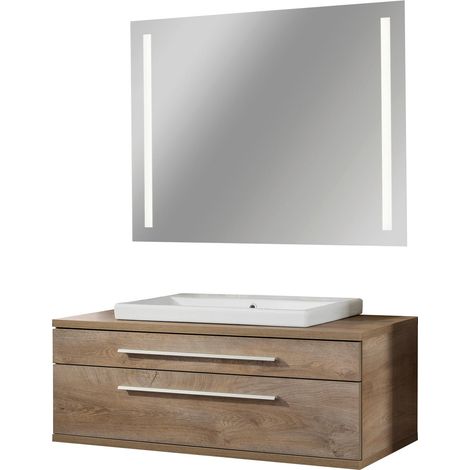 Fackelmann STANFORD Badmöbel Set 3-teilig,110 cm breit, Braun, Keramik + LED-Spiegel"-"90333145 (1/3)