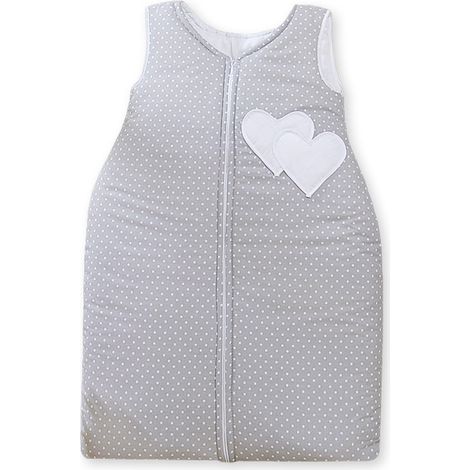 Saco de dormir de algodón para niños, talla M (6-12 meses), TOG 2.5, aislante para todo el año, con estampado de corazones y puntos sobre fondo gris. (1/4)