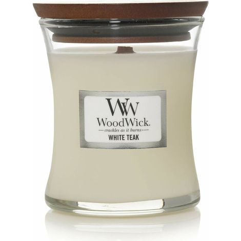 WoodWick Vela perfumada con mecha crepitante Vela mini reloj de arena de teca blanca Hasta 20 horas de duración Regalos perfectos para mujeres