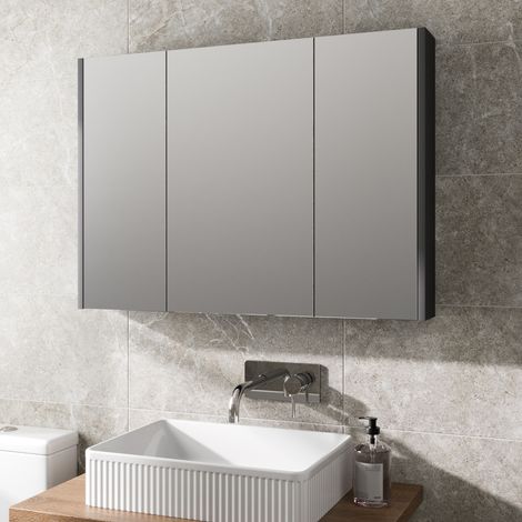 900mm Bathroom Mirror Cabinet Three Door Cupboard Wall Mounted Grey (1/6)