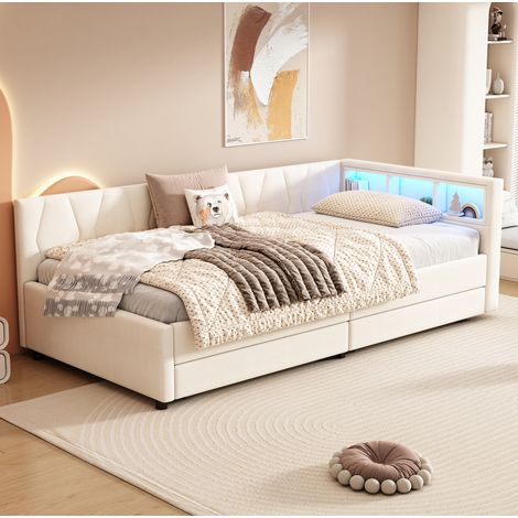 Daybett, 90200cm, Tagesbett, Schlafsofa, Ablagefach am Bett, USB+Typ C, LED-Lichtleiste , Bett mit zwei Schubladen, Bett mit Lattenrost (ohne Matratze), Leinen, Beige (1/5)