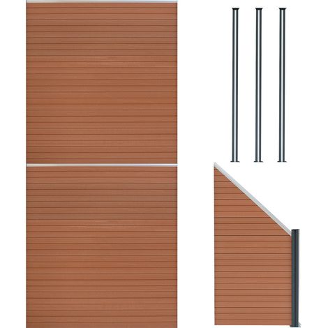 Pannelli Recinzione x2, Elemento Angolare & 4 Pali Metallo 185cm x 446cm LED Solare Recinzione Doppia Faccia Marrone in Legno Composito per Giardino Esterno, Privacy e Design Moderno