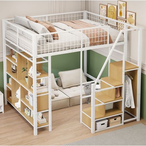 MEUBLIV Hochbett 140x200 cm Weiß – mit Stauraumtreppe und Ablageflächen, ohne Matratze (1/5)