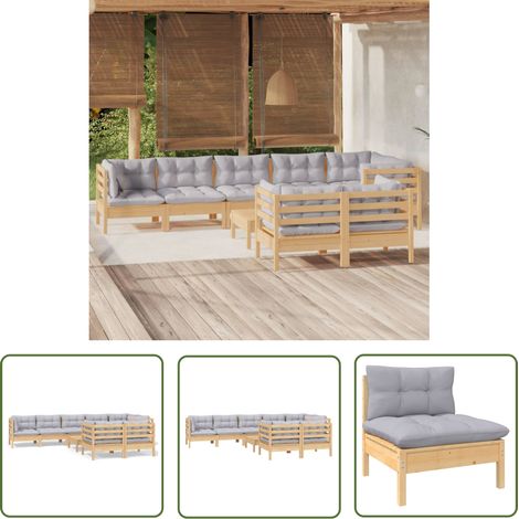 The Living Store Salon de jardin 9 pcs avec coussins gris bois de pin massif - Salon De Jardin - Mobilier De Jardin - Ensemble Salon De Patio - Meubles De Jardin - Bois De Pin (1/5)