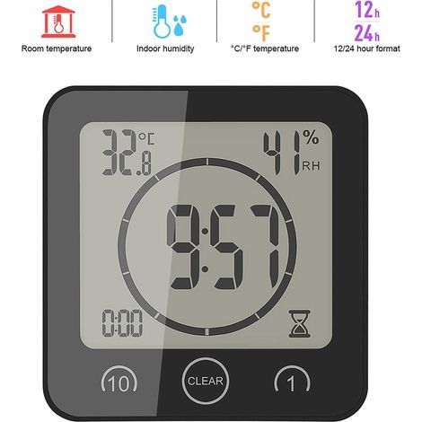 Badezimmeruhr, digitales LCD-Thermometer, Hygrometer, digitaler Duschtimer, Wecker (1/4)