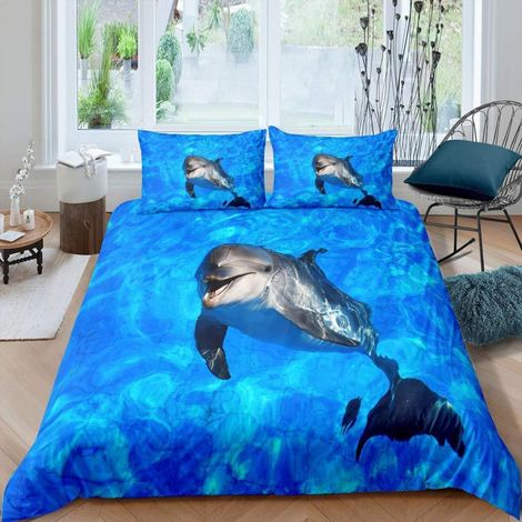 Bettwäsche Set 135x200cm mit Delfin Motiv, 3D Druck, Mikrofaser, für Kinder