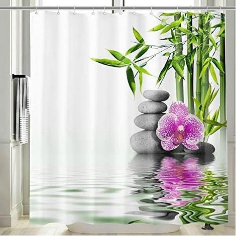 Zen Shower Curtain Anti Mold 3D Printed Bamboo Pebble Bathroom Curtain 180x200 Long Waterproof Polyester Fabric Orchid Pattern Washable Bath Curtains - White Green (1/4)
