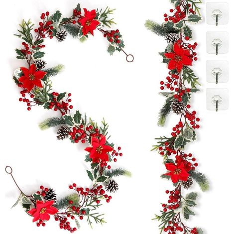 2er Set Künstliche Beerengirlande mit Tannenzweigen und Weihnachtssternen (1/5)