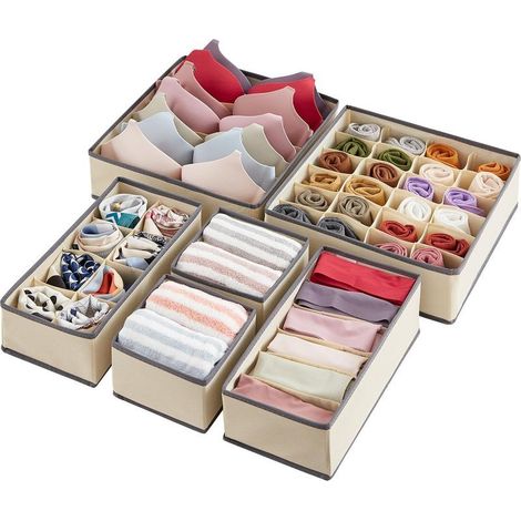 Lot de 6 Organisateur séparateur de sous vêtements pour Le Tiroir, Rangement Tiroir Pliable en Tissu, Boite Rangement Vetement Armoire pour Chaussettes, Culottes, Cravates, Kaki (1/5)