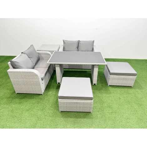 Fimous 6 Pieces Outdoor PE Rattan Sofa Set Patio Garden Furniture Sets with Cushions Side Table 2 Big Stools Light Grey (1/4)