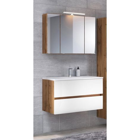 Badezimmer Waschtisch Set in Wotaneiche Nb. mit matt weiß LOUROSA-03 inkl. Mineralgussbecken, B/H/T: ca. 100/200/47 cm (1/5)