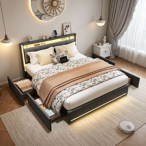 Lit capitonné 140×190cm avec lumière LED, lit coffre avec port USB, lit double avec tiroirs, espace de rangement sous le lit, sommier à lattes, lit adulte, lit ados, Lin, Gris