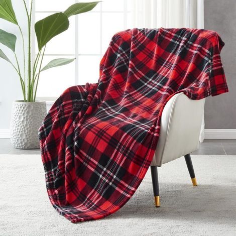 Couverture Plaid Polaire Lit pour Canapé en Molleton, Couverture Jeté en Flanelle à Carreaux Toute Saison 127 x 150 cm, Rouge/Gris