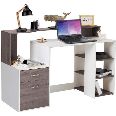 Scrivania con Cassettiera Libreria Porta Scanner Tavolo Computer Ufficio Grigio (1/5)