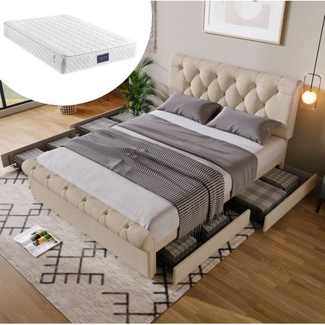 Bett Chesterfield 140x200 cm mit Matratze, 4 Schubladen, höhenverstellbarem Kopfteil, Holz und Metall, Natur (1/5)
