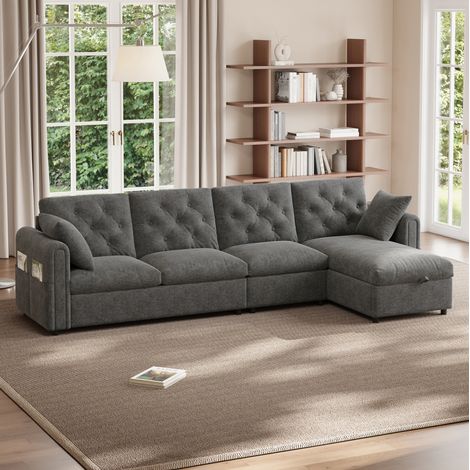 Sofá esquinero L con almacenamiento, terciopelo gris, reversible, 281 x 132 x 86 cm DESVIAE (1/5)