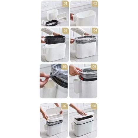Poubelle en plastique ultra fine avec couvercle, poubelle rectangulaire à pression pour salle de bain, chambre, cuisine et bureau, blanche (12 litres) (1/5)