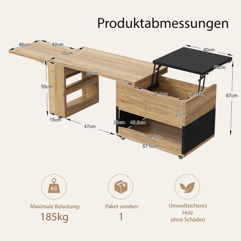 Mesa de centro multifuncional extensible con espacio de almacenamiento, elemento lateral giratorio de 360°, tablero plegable, diseño flexible para sala de estar, estudio y comedor. (1/5)