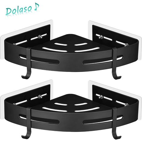 Dolaso – Lot de 2 étagères d'angle de douche sans perçage – Métal antirouille – Installation facile avec autocollant – 4 crochets inclus (1/5)