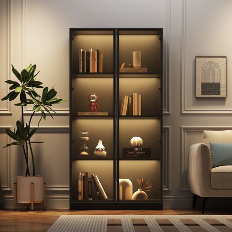 Rangement et mise en valeur, armoire vitrine LED 80 x 40 x 160 cm à 2 portes en verre pour salon, chambre ou entrée (1/5)