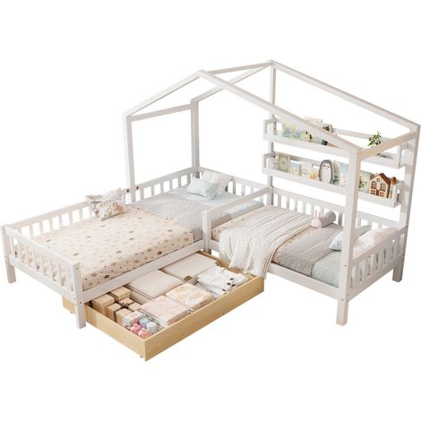 Lit cabane enfant en L avec tiroirs, étagères et rangement, bois et MDF, blanc, 2 couchages 200x90 et 140x70 cm, idéal pour chambre partagée CHICFURN (1/5)