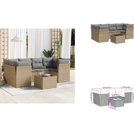 7-tlg. Garten-Sofagarnitur mit Kissen Beige Poly Rattan - Gartenmöbel Set - PE-Rattan Möbel - Outdoor Sofa - Esstisch - Lounge Garnitur (1/3)
