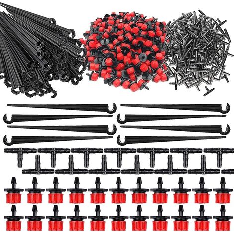 300pcs Goutteurs Irrigation Réglable + Tee Joint de Tuyau +Piquet de Support pour Kit Système d'irrigation de Bricolage Goutte Automatique