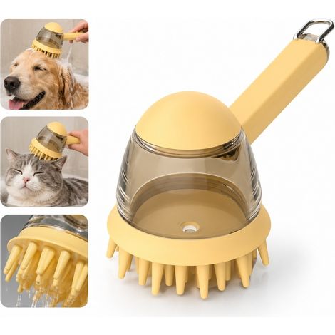 Brosse de bain pour chien et chat à réservoir de shampoing, en silicone souple jaune avec poils doux, retient le poil mort pendant le lavage, dragonne pour le séchage, 7,5 x 18,6 cm (1/5)