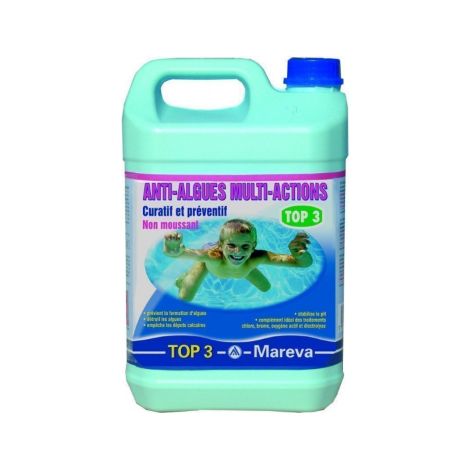 Mareva – Anti-algues de piscine TOP 3 – 5 litres – Action curative et préventive – Flocule les matières organiques – Limite dépôts calcaires
