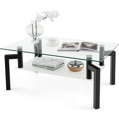 COSTWAY Mesa de Centro de Cristal Rectangular, Mesa de Centro Moderna de 2 Niveles y Tablero de Vidrio Templado y Estante de Vidrio Esmerilado, Mesa Multifuncional con Patas de Metal para el Salón (1/5)