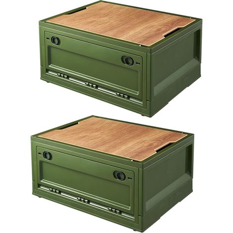 Set of 2 Collapsible and Stackable Plastic Storage Boxes with Lid and Wheels, 38L, For Home, Camping and Car, Green (1/5)
