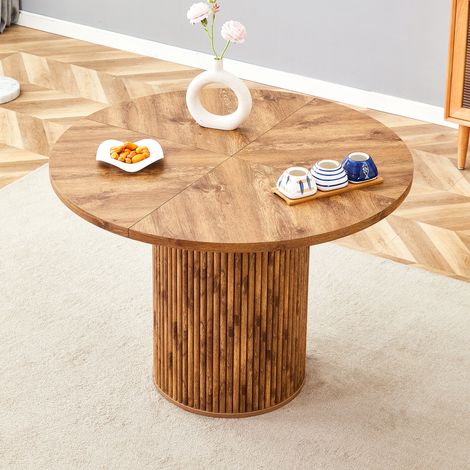 Mesa de Comedor Redonda, Tablero de 4 Segmentos y Espacio de Almacenamiento, Patas Cilíndricas, 100 cm, para 4 a 6 Personas, MDF y Metal, Madera (1/5)