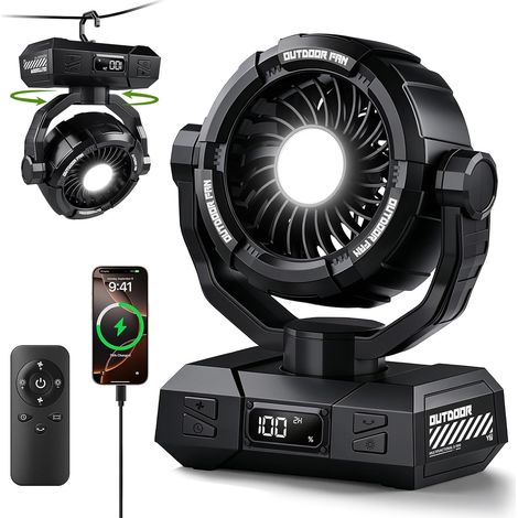 Ventilateur de camping portable oscillant, batterie 20000mah, Équipé d'alimentation par lanterne LED, télécommande, crochet de tente, jusqu'à 79 heures de fonctionnement, rotation de 120° (1/5)