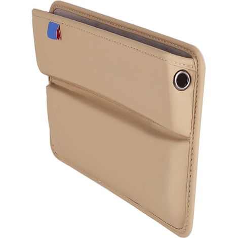 (Beige) Étui de rangement haut de gamme pour sièges de voiture, compartiment latéral de console centrale, portefeuille, clés, pièces de monnaie, en cuir. (1/5)
