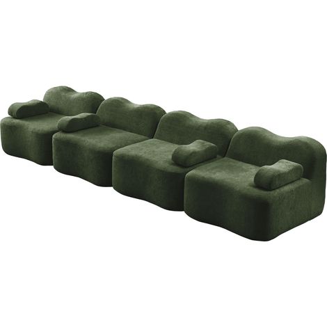 Canapé modulable 4 places sans structure, mousse haute densité 32D, revêtement velours vert, coussin d'accoudoir mobile (1/5)