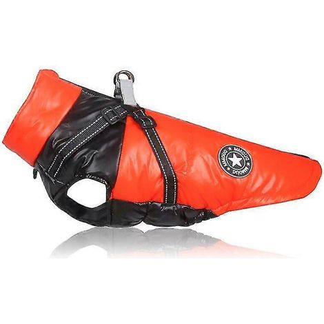 Chaqueta reflectante impermeable para perros grandes con arnés, ropa de invierno abrigada para perros grandes, abrigo para chihuahua y bulldog francés, conjunto 1 naranja y negro. (1/5)