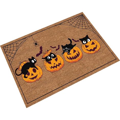 Tapis de cuisine motif Halloween (chat noir et citrouille) en velours cristal, antidérapant (1/5)