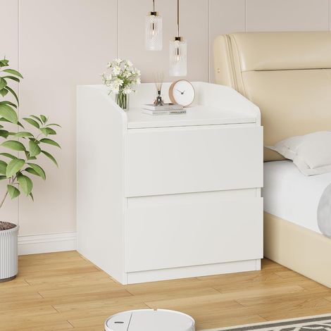 Table de Chevet 2 Tiroirs Sans Poignées, Meuble de Nuit Design Bois Naturel avec Rebord Anti-Chute, Blanc (1/5)