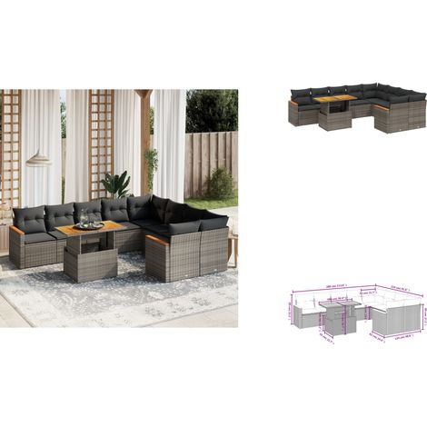 Salon de jardin avec coussins 10 pcs gris résine tressée - Ensemble Salon De Jardin - Meuble Extérieur - Résine Tressée - Rotin Synthétique - Table Extensible (1/3)