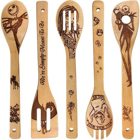 Lot de 5 Cuillères en Bambou, Ustensiles de Cuisine et de Service, Motif Magique, Cuillère en Bois Brûlé (1/5)