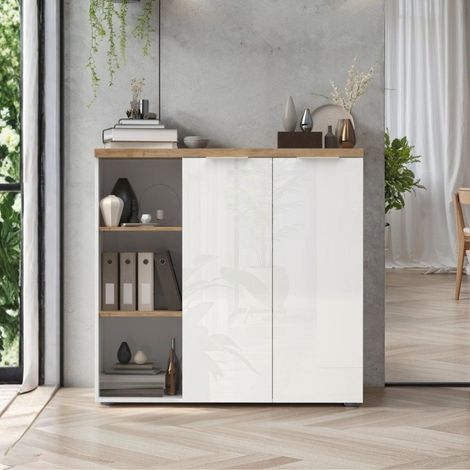 Madia Cannella 2 ante e vani a giorno bianco lucido e rovere Cadiz – 120x34x115H (1/4)