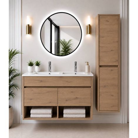 Meuble de salle de bain suspendu avec vasque extra-plat ORIGENBATH NEBARI avec portes sans miroir 120x45 cm double vasque estepa avec colonne (1/5)