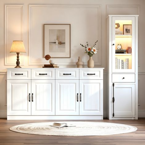 Ensemble 2 meubles salon blanc MDF 160x35x80, vitrine rangement d'appoint pour séjour (1/5)