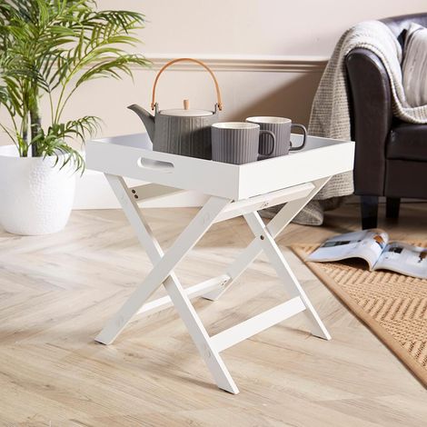 White Folding Butlers Side Table Portable Wooden Food Serving Tray Drink Dinner